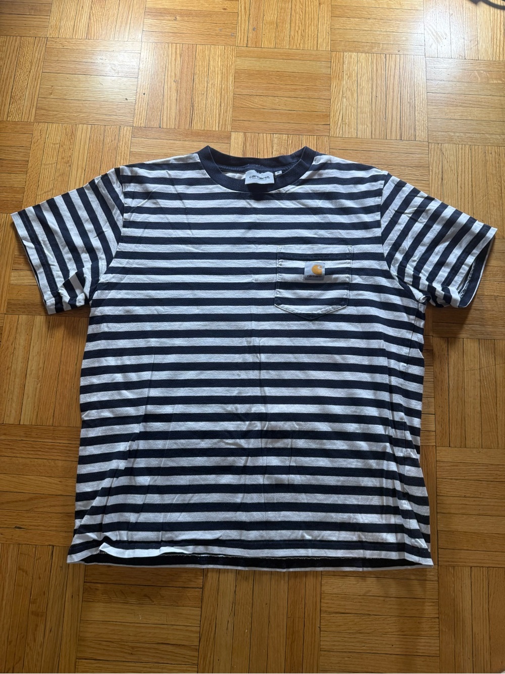 Carhartt WIP Navy and White Striped Pocket T-Shirt medium